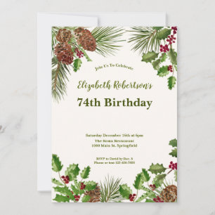 Elegant Winter Greenery 74th Birthday Invitation