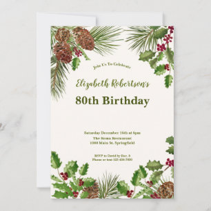 Elegant Winter Greenery 80th Birthday Invitation