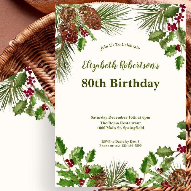 Elegant Winter Greenery 80th Birthday Invitation (Creator Uploaded)