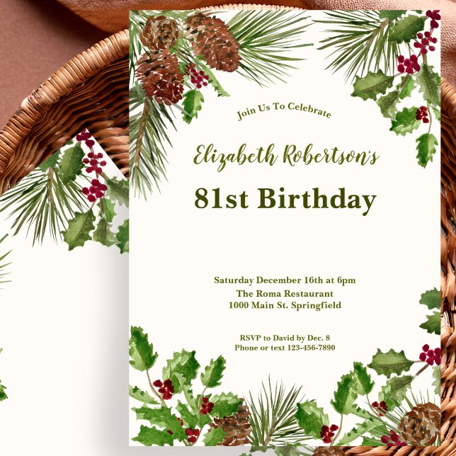 Elegant Winter Greenery 81st Birthday Invitation (Creator Uploaded)
