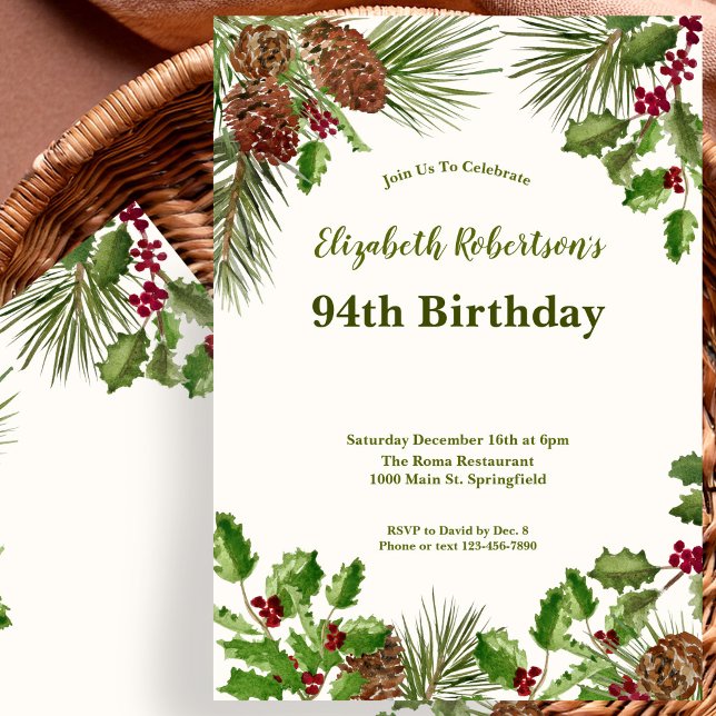 Elegant Winter Greenery 94th Birthday Invitation (Creator Uploaded)