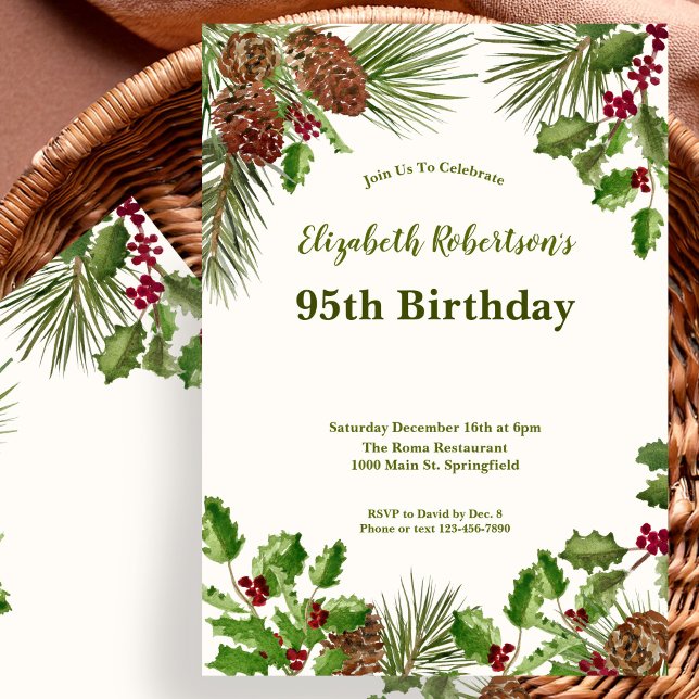 Elegant Winter Greenery 95th Birthday Invitation (Creator Uploaded)