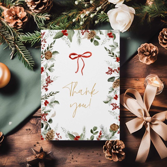 Elegant Winter Greenery and Holly Baby Shower Thank You Card (Christmas Baby Shower Thank you card)