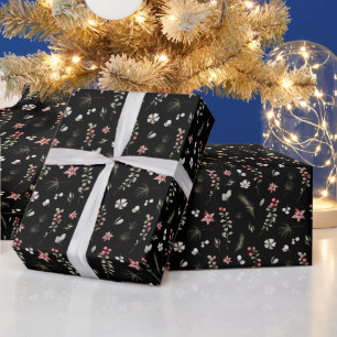 Elegant Winter Greenery Botanical Black Wrapping Paper