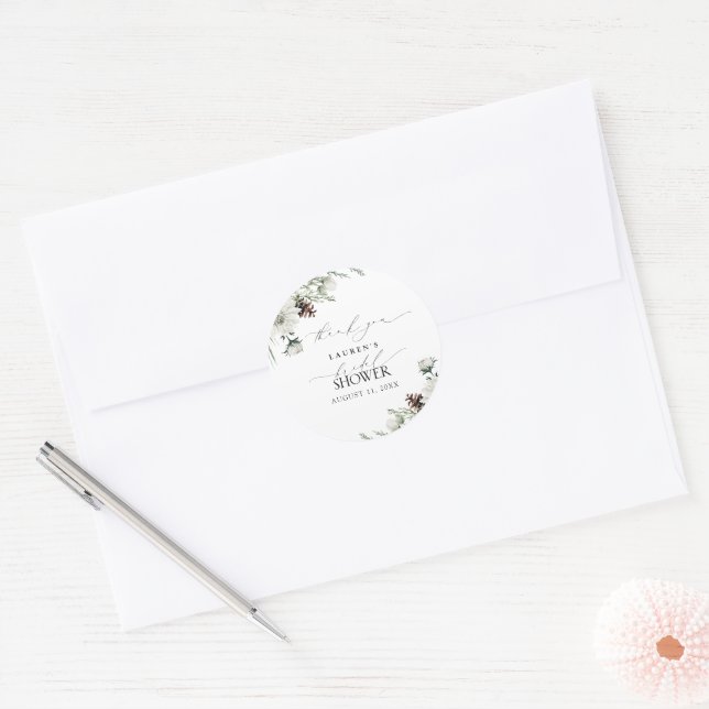 Elegant Winter Greenery Bridal Shower Thank You Classic Round Sticker (Envelope)