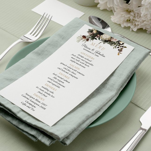 Elegant winter greenery chic floral wedding menu (Creator Uploaded)