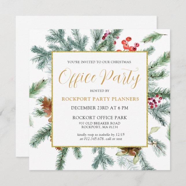 Elegant Winter Greenery Christmas Office Party Invitation (Front/Back)