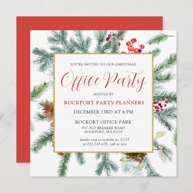 Elegant Winter Greenery Christmas Office Party Invitation (Front/Back)