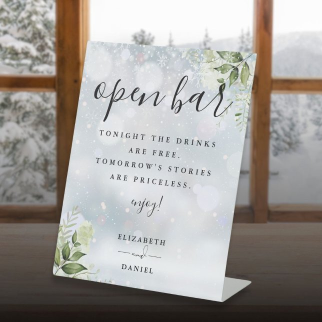 Elegant Winter Greenery Floral Open Bar Pedestal Sign (Elegant Winter Greenery Floral Open Bar Pedestal Sign)