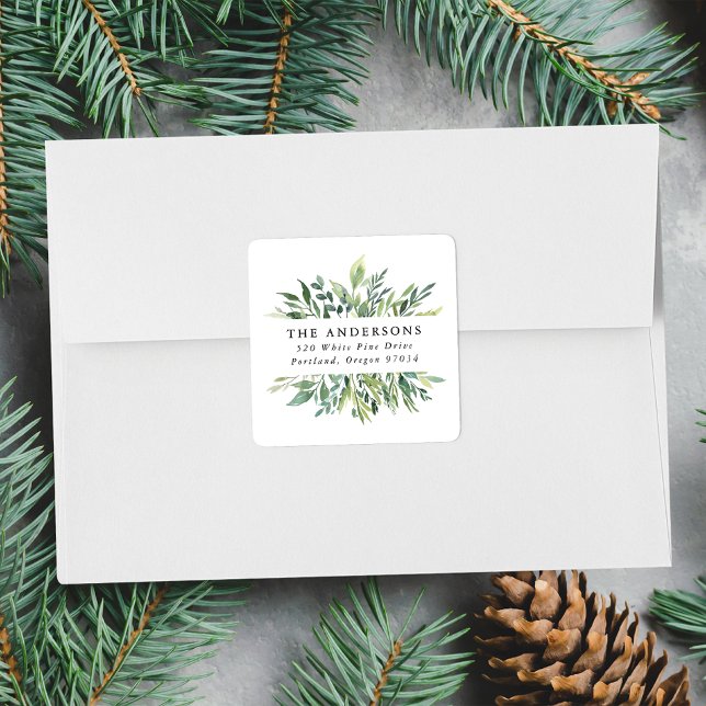 Elegant Winter Greenery Holiday Return Address Square Sticker (Creator Uploaded)