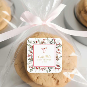 Elegant Winter Greenery & Holly Baby Shower Square Sticker