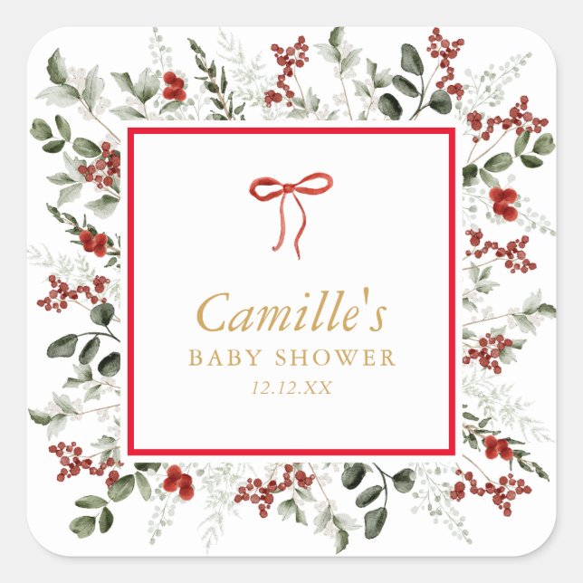 Elegant Winter Greenery & Holly Baby Shower Square Sticker (Front)