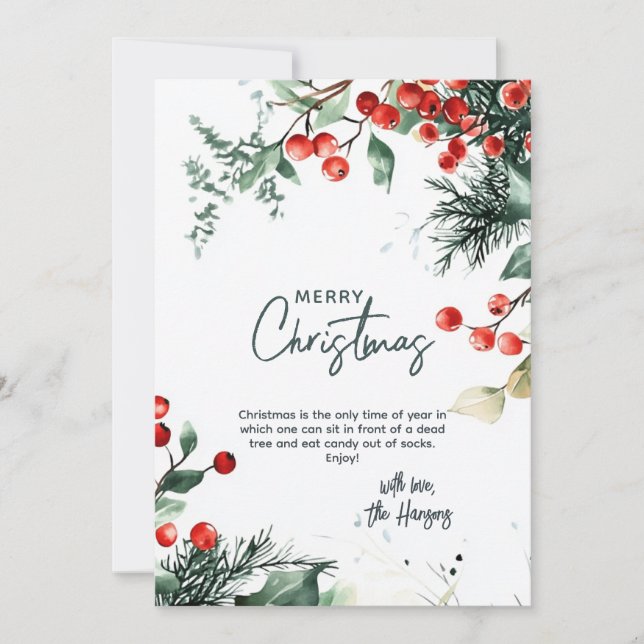 Elegant Winter Greenery Merry Christmas Holiday Card (Front)