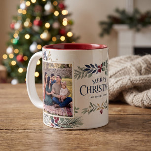 Elegant Winter Greenery Merry Christmas Two-Tone Coffee Mug