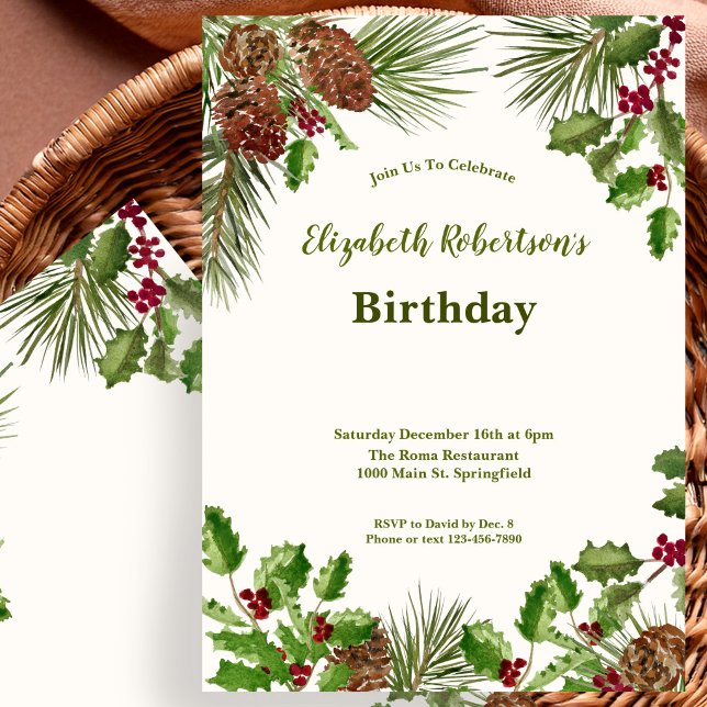 Elegant Winter Greenery No Year Birthday Invitation (Creator Uploaded)