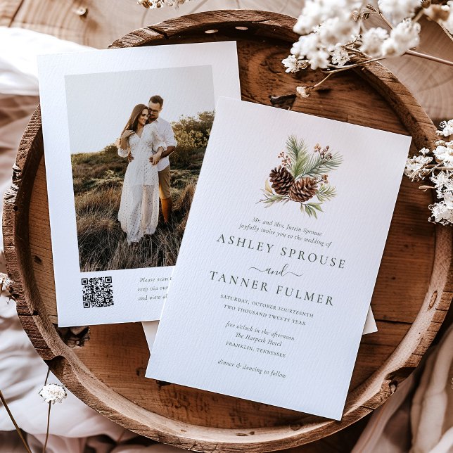Elegant Winter Greenery Pine QR Code Photo Wedding Invitation (Creator Uploaded)