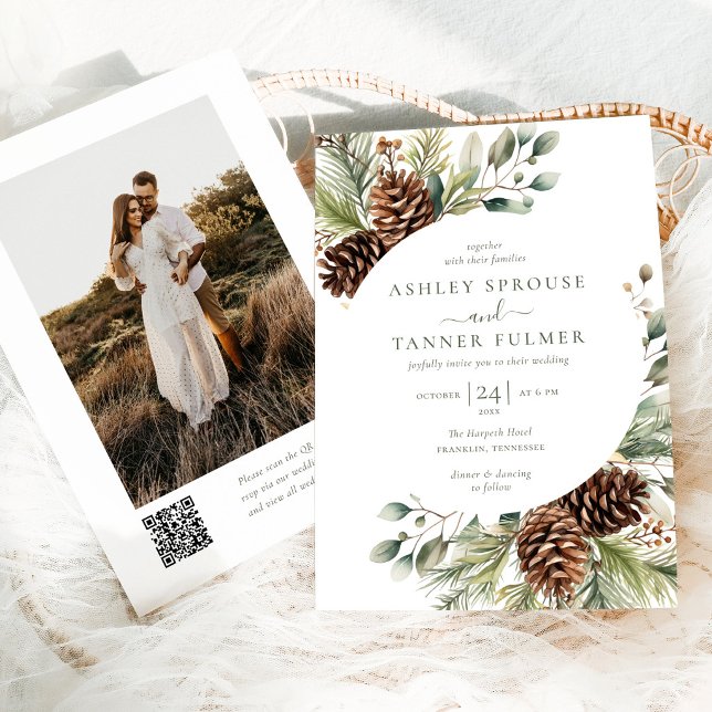 Elegant Winter Greenery Pine QR Code Photo Wedding Invitation (Creator Uploaded)