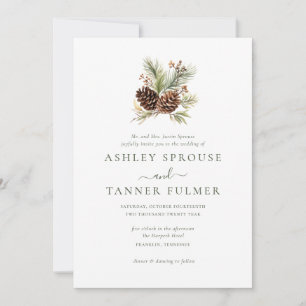 Elegant Winter Greenery Pine QR Code Photo Wedding Invitation