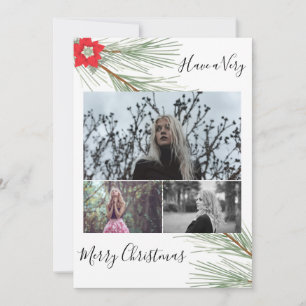 Elegant Winter Greenery & Red Poinsettia Photo Holiday Card