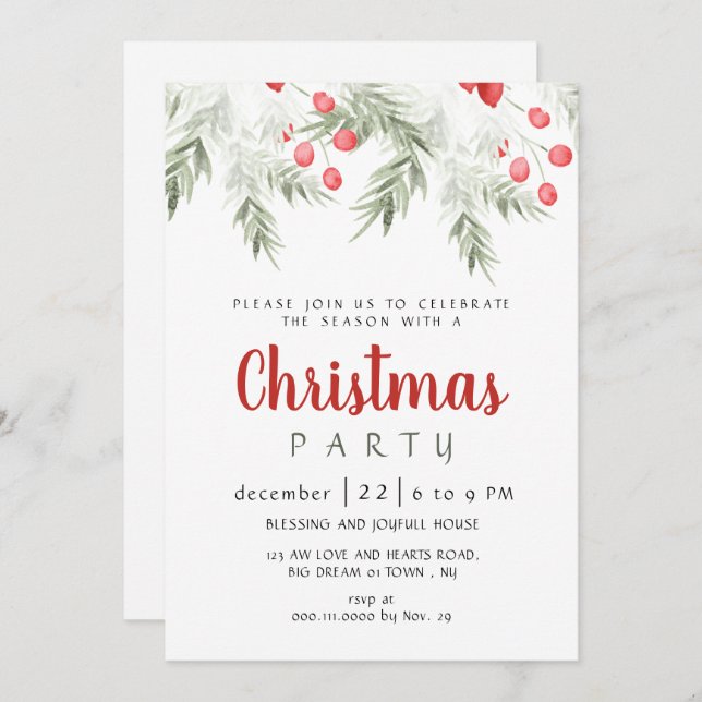 Elegant Winter Greenery Watercolor Christmas Party Invitation (Front/Back)