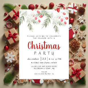 Elegant Winter Greenery Watercolor Christmas Party Invitation