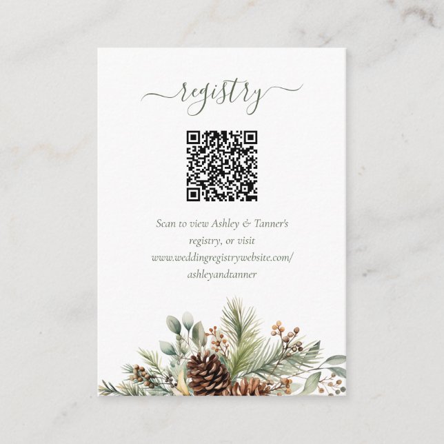 Elegant Winter Greenery Wedding Registry QR Code Enclosure Card (Front)