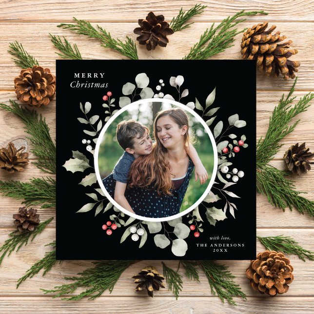 Elegant Winter Greenery Wreath 1 Photo Holiday Card (Creator Uploaded)