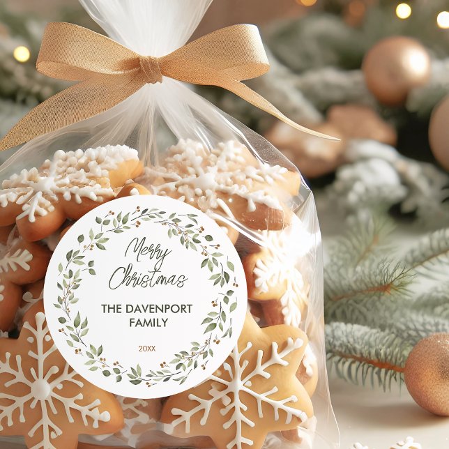 Elegant Winter Greenery Wreath Classic Round Sticker (Creator Uploaded)