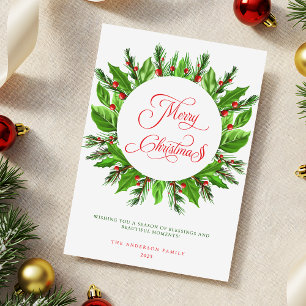 Elegant Winter Greenery Wreath Merry Christmas Holiday Card
