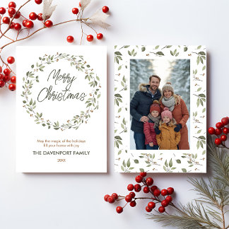 Elegant Winter Greenery Wreath Photograph Holiday Card