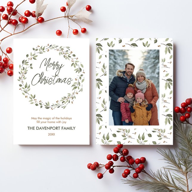 Elegant Winter Greenery Wreath Photograph Holiday Card (Creator Uploaded)