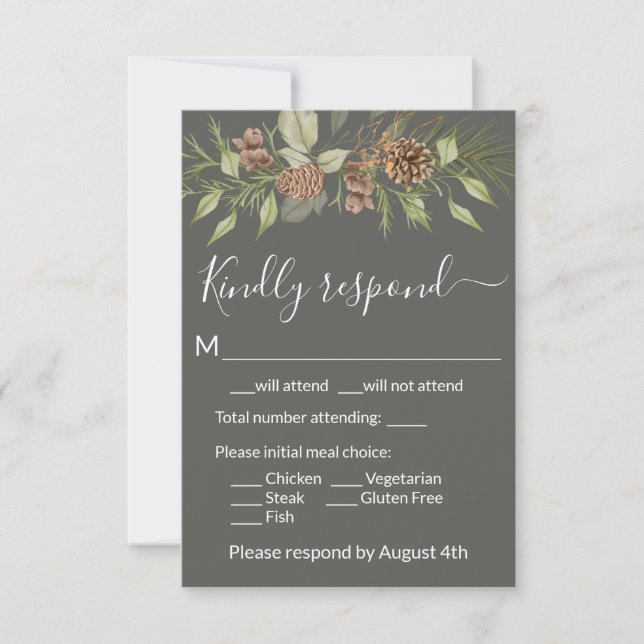 Elegant Winter Grey Pine RSVP Card (Front)
