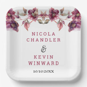 Elegant Winter Hellebore Floral Burgundy Wedding Paper Plate