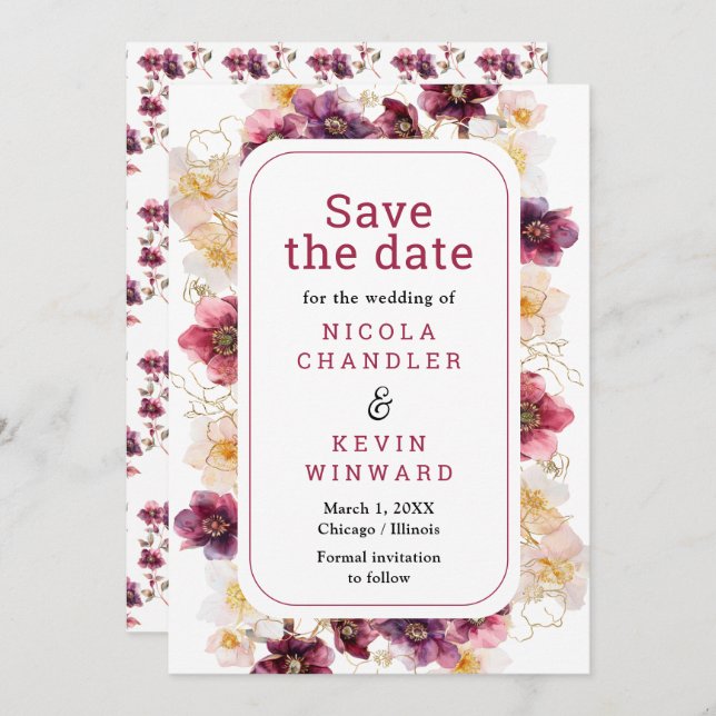 Elegant Winter Hellebore Floral Burgundy Wedding Save The Date (Front/Back)