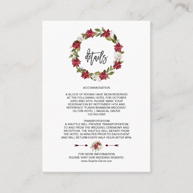 Elegant Winter Holiday Poinsettia Wedding Details Enclosure Card (Front)