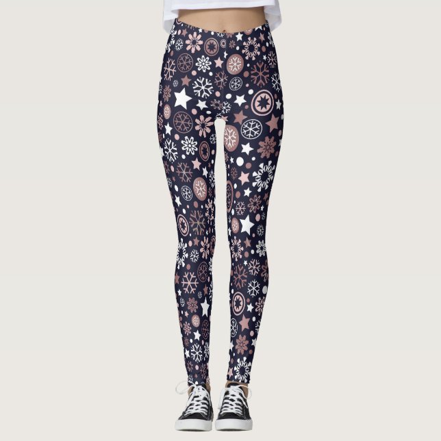 Elegant winter holidays pink gold snowflakes leggings (Front)