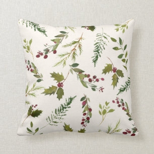 Elegant Winter Holly Berry Greenery Christmas Cushion