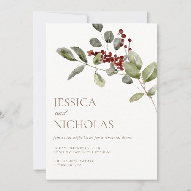 Elegant Winter Holly Wedding Rehearsal Dinner Invitation (Front)