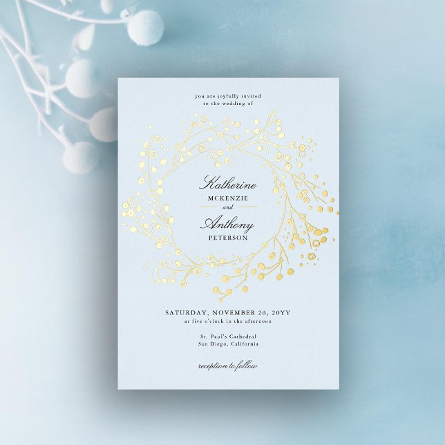 Elegant Winter Ice Blue Gold Berry Wreath Wedding (winter wedding invitation ice blue gold berries elegant modern classic sophisticated classy romantic)