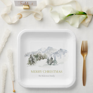 Elegant Winter Mountain Christmas Paper Plate