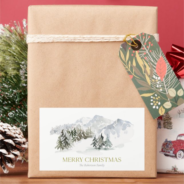 Elegant Winter Mountain Christmas Rectangular Sticker (Holiday)