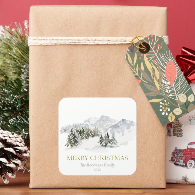 Elegant Winter Mountain Christmas Square Sticker (Holiday)