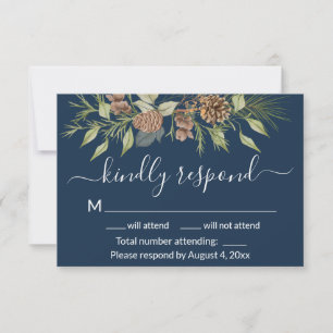 Elegant Winter Navy Blue Pine Wedding RSVP Card