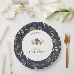 Elegant Winter Paper Plates with Pinecones