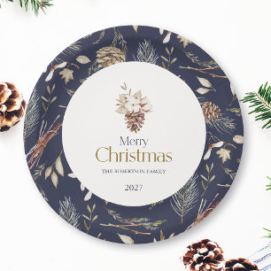 Elegant Winter Paper Plates with Pinecones