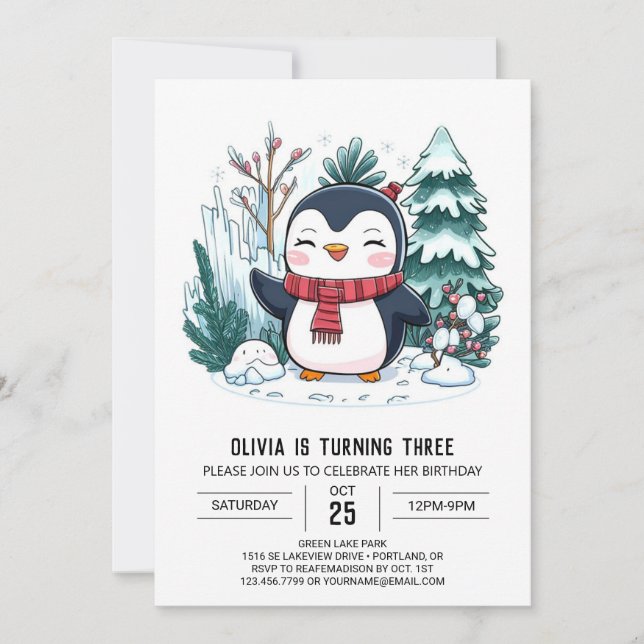 Elegant Winter Penguin Digital Birthday Invitation (Front)