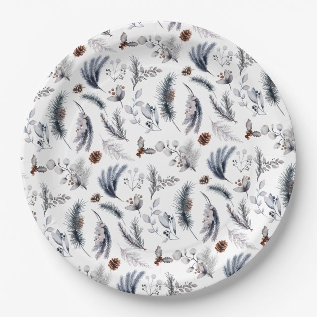 Elegant Winter Pine Botanicals Holiday Paper Plate (Front)