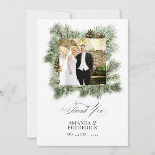 Elegant Winter Pine Christmas Wedding Photo Thank You Card