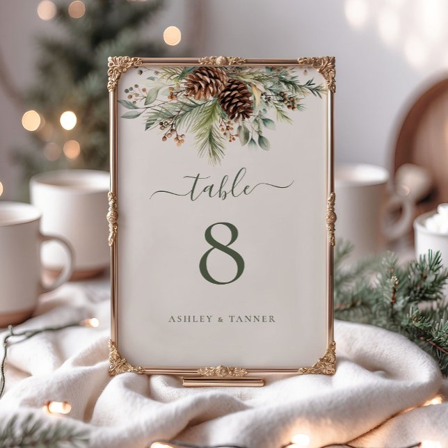 Elegant Winter Pine Greenery Botanical Wedding Table Number (Creator Uploaded)