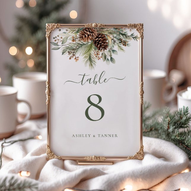 Elegant Winter Pine Greenery Botanical Wedding Table Number (Creator Uploaded)